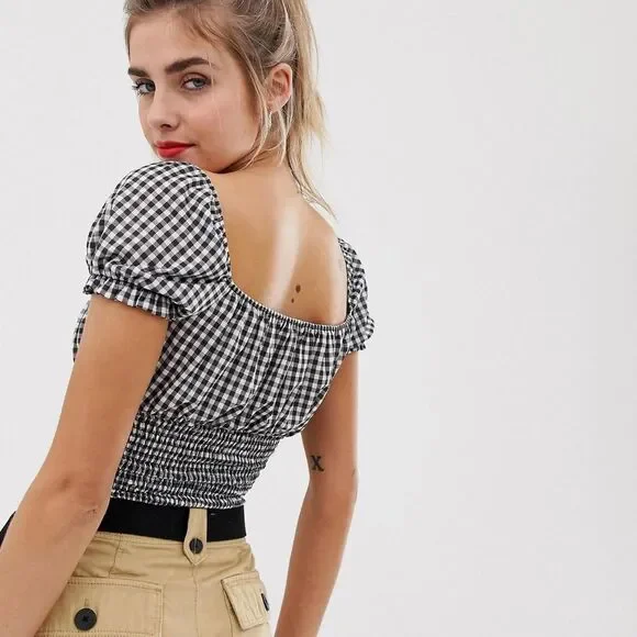 Bershka Gingham Cropped Top Black - Picture 2 of 15